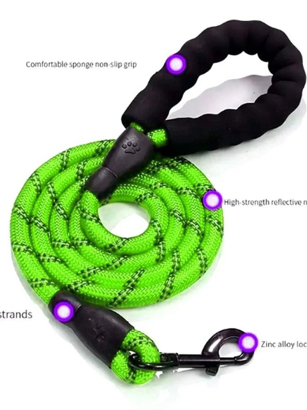 Tadeo Dash Green Reflective Rope Leash with Padded Loop Handle and Rotating Clip